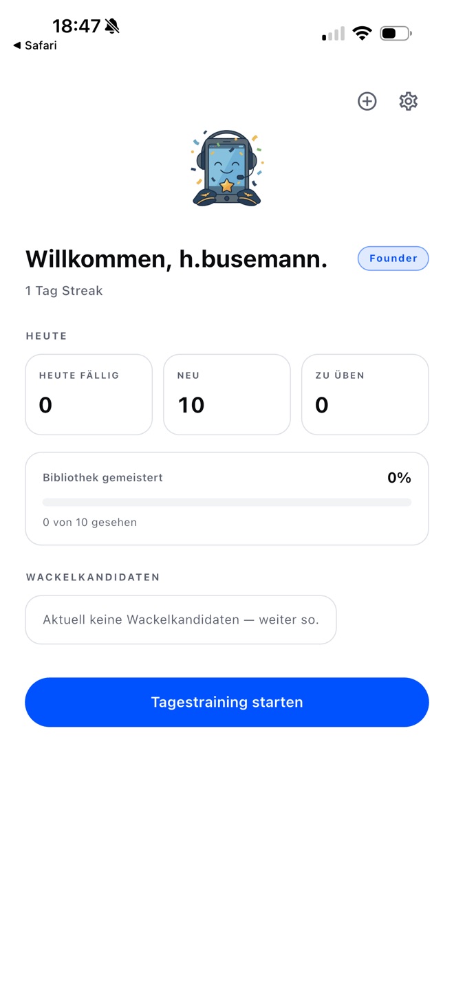 CURRENT Tagessession — fällige Karten, neue Karten, Beherrschungs-Fortschritt, täglicher Streak