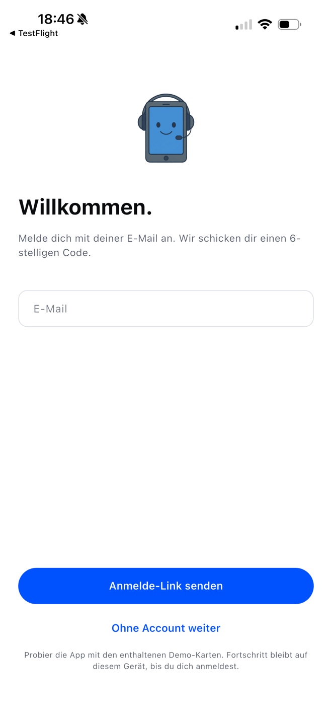 CURRENT Willkommen-Screen — E-Mail-Anmeldung oder „Ohne Account weiter“